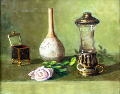 Emma Ruth Burgess (MA,LA,1882-1977) oil painting: ARTIST: Emma Ruth Higbee Burgess (Massachusetts, Louisiana, 1882 - 1977) TITLE: Still Life MEDIUM: oil on canvas CONDITION: Few paint losses. Some scattered inpaintings. Som