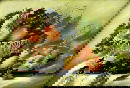 Antique 19C European oil painting: ARTIST: - (Europe, 19 century) TITLE: Still Life with Fruit YEAR: 1989 MEDIUM: oil on canvas CONDITION: Relined. Few repaired tears. Few small paint lo