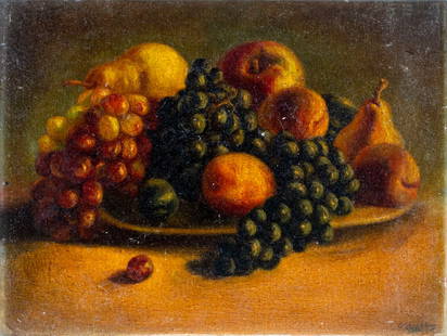 Vintage mid 20C European oil painting signed: ARTIST: - (Europe, mid 20 century) TITLE: Still Life with Fruit YEAR: 1944 MEDIUM: oil on canvas board CONDITION: Few very minor paint losses. No visib