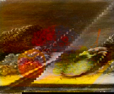 Antique early 20C American oil painting: ARTIST: - (American, early 20 century) TITLE: Still Life with Fruits MEDIUM: oil on canvas CONDITION: One patch. Few very minor paint losses. Very minor craquelure. Some s