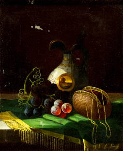 W Brown (Europe,19C) oil painting antique: ARTIST: W Brown (European, 19 century) TITLE: Still Life with Purse, Jug and Grapes MEDIUM: oil on canvas CONDITION: Relined. Some paint losses mostly in the upper left quad