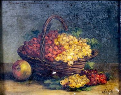 Felix (France,19C) oil painting antique: ARTIST: Felix (French, 19 century) TITLE: Still Life with Red and White Currants MEDIUM: oil on canvas CONDITION: One patch. Some paint losses (see pictures carefully). Some