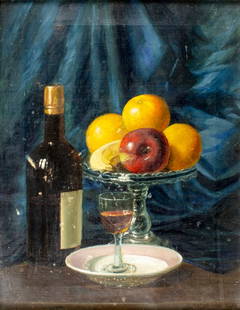 Paulson (US,early 20C) oil painting antique: ARTIST: Paulson (American, early 20 century) TITLE: Still Life with Wine and Fruit MEDIUM: oil on canvas CONDITION: Few patches-repaired tears. Some flaking/paint losses. So