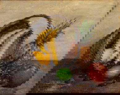Charles Andrew Hafner (NY,NE,1888-1960) oil painting: ARTIST: Charles Andrew Hafner (New York, Nebraska, 1888 - 1960) TITLE: Still Life with Fruits YEAR: 1952 MEDIUM: oil on canvas CONDITION: One small pat