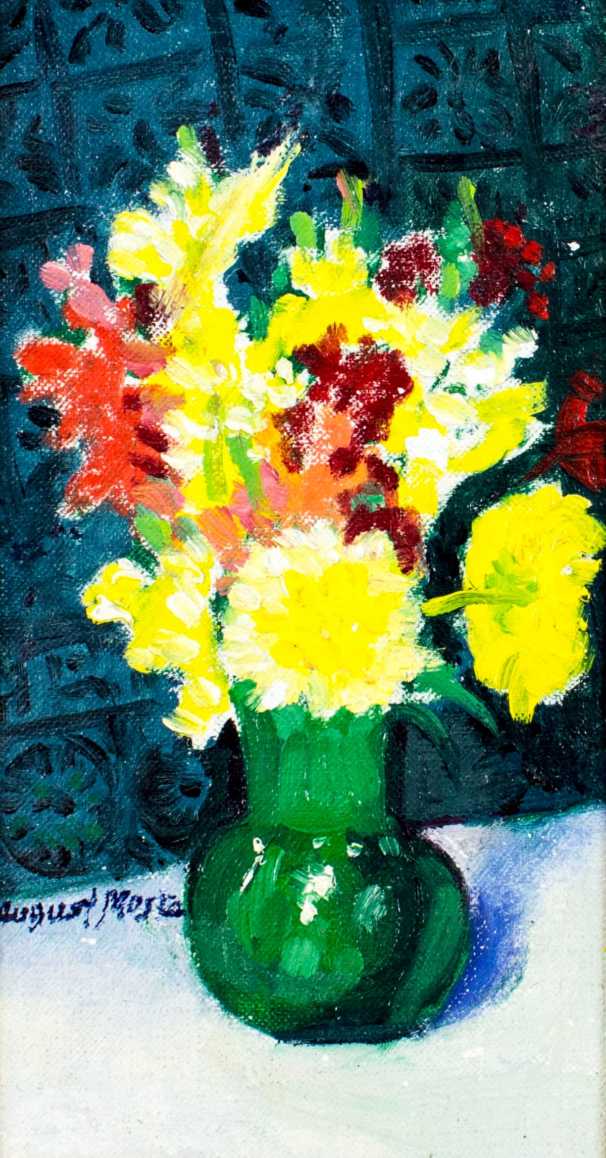 August Mosca (CT,NY,Italy,1909-2002) oil painting: ARTIST: August Mosca (Connecticut, New York, Italian, 1909 - 2002) TITLE: Still Life with Vase of Flowers MEDIUM: oil on board CONDITION: Missing a few flakes of paint. No