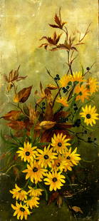 Antique early 20C American oil painting: ARTIST: - (American, early 20 century) TITLE: Still Life with Flowers MEDIUM: oil on board CONDITION: Slight warping. Some scratches/paint losses. No visible inpaint under