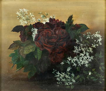Antique early 20C American oil painting: ARTIST: - (American, early 20 century) TITLE: Still Life with Flowers MEDIUM: oil on board CONDITION: Few small paint losses mostly in the lower right quadrant. No visible