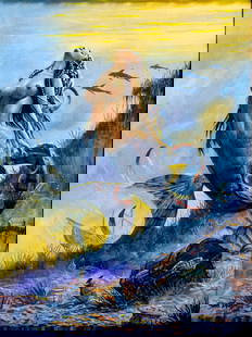 Von Tipton (GA,FL,1946-2002) oil painting: ARTIST: Von Tipton (Georgia, Florida, 1946 - 2002) TITLE: Mermaid YEAR: 2001 MEDIUM: oil on canvas board CONDITION: Very good. No visible inpaint under