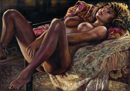 Valentin Ukrainets (Ukraine,b 1965) oil painting: ARTIST: Valentin Ukrainets (Ukrainian, born 1965) TITLE: Nude - Secret Desires (titled on verso) MEDIUM: oil on canvas CONDITION: Unstretched (In-House stretching available)