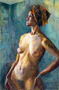 Helen Wood (US,20C) oil painting: ARTIST: Helen Wood (American, 20 century) TITLE: Nude MEDIUM: oil on canvas CONDITION: Few small scratches/paint losses along edges. No visible inpaint under UV light. Norma