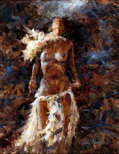 Eric Michaels (CO,NM,IL,b 1949) oil painting: ARTIST: Eric Michaels (Colorado, New Mexico, Illinois, born 1949) TITLE: Nude - Salome (titled on label) MEDIUM: oil on canvas. Canvas applied to board. CONDITION: Few very