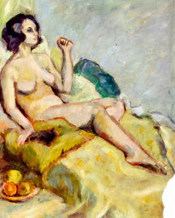Evelyn Metzger (NY,Brazil,1911-2007) oil painting: ARTIST: Evelyn Borchard Metzger (New York, Brazilian, 1911 - 2007) TITLE: Seated Nude MEDIUM: oil on board CONDITION: Minor scratches/paint losses. Damage to lower right cor