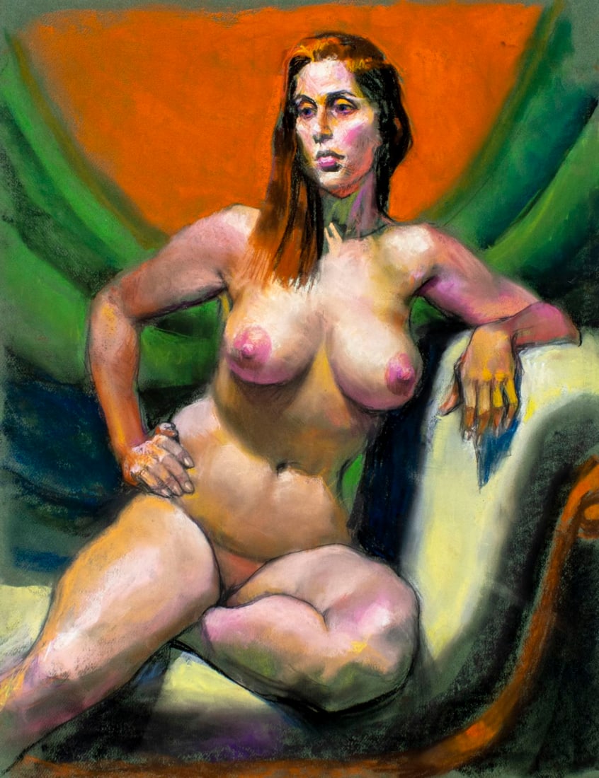Karl Foster (PA,b 1933) pastel painting: ARTIST: Karl Foster (Pennsylvania, born 1933) TITLE: Seated Female Nude MEDIUM: pastel on heavy paper CONDITION: Very good. ART SIZE: 26 x 20 inches / 66