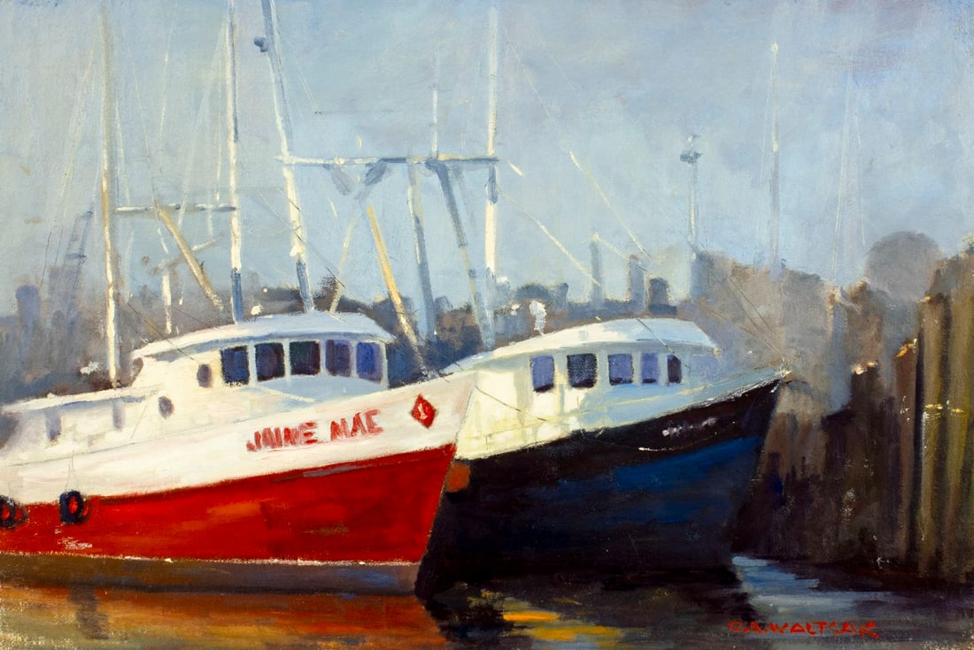 W. Jones Fishermen Boat Harbor Oil Painting
