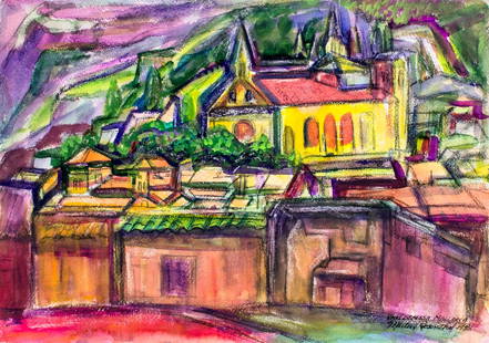 Martin Rosenthal (NY,MA,1899-1974) watercolor painting: ARTIST: Martin Rosenthal (New York, Massachusetts, 1899 - 1974) TITLE: Abstract Cityscape - Valldemosa Mallorca YEAR: 1953 MEDIUM: watercolor on paper CONDITION