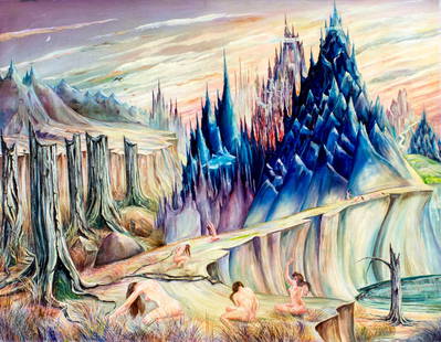 Edward R Mura (US,mid 20C) oil painting: ARTIST: Edward R Mura (American, mid 20 century) TITLE: Surreral Landscape with Nudes MEDIUM: oil on canvas CONDITION: Few small paint losses. Few scattered inpaintings unde