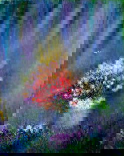 Yolanda Razzeto (Peru,1948-?) oil painting: ARTIST: Yolanda Razzeto (Peruvian, 1948 - ???) TITLE: Floral Landscape MEDIUM: oil on canvas CONDITION: Unstretched (In-House stretching available). Some paint losses. Som