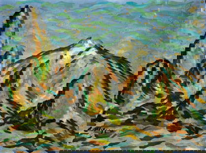 Evelyn Metzger (NY,Brazil,1911-2007) oil painting: ARTIST: Evelyn Borchard Metzger (New York, Brazilian, 1911 - 2007) TITLE: Mountain Landscape MEDIUM: oil on board CONDITION: Minor damages to the lower right corner. Few s