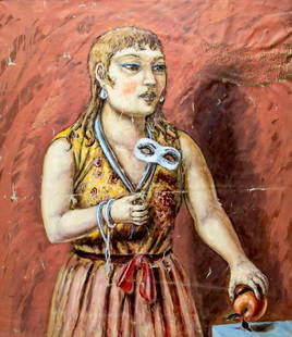 Peter Passuntino (IL,France,1936-?) oil painting: ARTIST: Peter Zaccaria Passuntino (Illinois, French, 1936 - ???) TITLE: Woman with Mask MEDIUM: oil on canvas CONDITION: Unstretched (In-House stretching available). One s