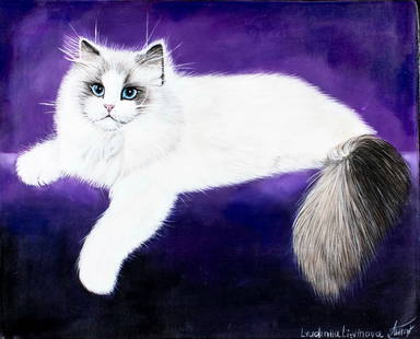Lyudmila Litvinova (Russia,b 1991) acrylic painting: ARTIST: Lyudmila Litvinova (Russian, born 1991) TITLE: Ragdoll Cat (titled on verso) MEDIUM: acrylic on canvas CONDITION: Unstretched (In-House stretching available). Very g