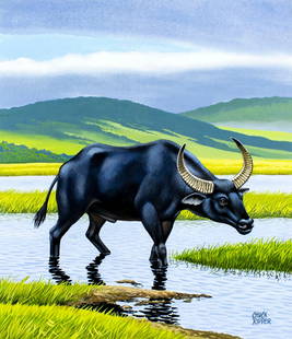 Chuck Ripper (WV,PA,1929-2019) gouache painting: ARTIST: Chuck Ripper (West Virginia, Pennsylvania, 1929 - 2019) TITLE: Wild Water Buffalo Bubalus Arnee (titled on verso) YEAR: 2004 MEDIUM: gouache on board CO