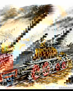 John Swatsley (CA,1937-?) watercolor painting: ARTIST: John Swatsley (California, 1937 - ???) TITLE: Train - Gowan and Marx (titled on verso) YEAR: 1986 MEDIUM: watercolor on board CONDITION: Minor