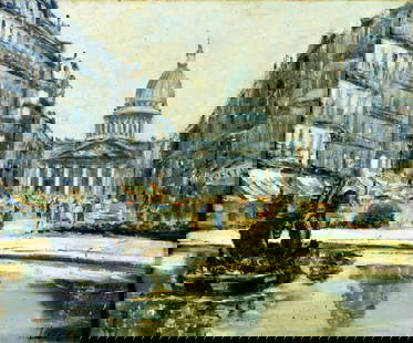 Lebot (France,early 20C) oil painting antique: ARTIST: Lebot (French, early 20 century) TITLE: Le Pantheon, Paris, France MEDIUM: oil on canvas CONDITION: Few minor paint losses. Some small brown spots. Some craquelure.