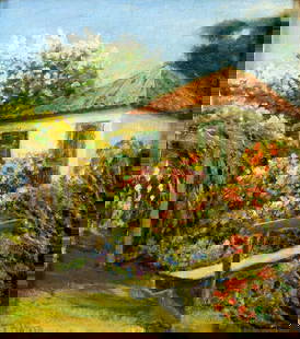 William Constable Adam (CA,MA,1846-1931) oil painting antique: ARTIST: William Constable Adam (California, Massachusetts, 1846 - 1931) TITLE: Town Scene with Flower Garden MEDIUM: oil on canvas. Canvas applied to board. CONDITION: Few