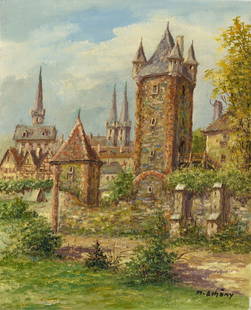 M Schony (German,1913-?) oil painting: ARTIST: M Schony (Germany, 1913 - ???) TITLE: Rotenburg Cityscape - Stoeberlein Tower, Germany MEDIUM: oil on canvas CONDITION: Unstretched (In-House stretching available)