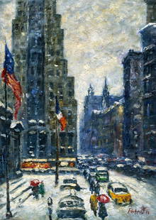 Zoriana Petriv (Ukraine,b 1994) oil painting: ARTIST: Zoriana Petriv (Ukrainian, born 1994) TITLE: New York Cityscape - The Library, Winter (titled on verso) YEAR: 2015 MEDIUM: oil on canvas CONDITION: