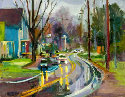 John Reilly (NY,NJ,1942-2021) oil painting: ARTIST: John Reilly (New York, New Jersey, 1942 - 2021) TITLE: Lamington General Store (titled on verso) MEDIUM: oil on board CONDITION: Few minor scratches/paint losses.