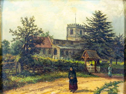 Enoch Crosland (UK,1860-1938) oil painting antique: ARTIST: Enoch Crosland (United Kingdom, 1860 - 1938) TITLE: Sunday Morning MEDIUM: oil on board CONDITION: Few minor paint losses. No visible inpaint under UV light. Wear