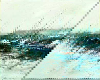 Charles C Gruppe (CT,NY,FL,1928-2019) oil painting: ARTIST: Charles C Gruppe (Connecticut, New York, Florida, 1928 - 2019) TITLE: Harbor Scene MEDIUM: oil on board CONDITION: Overall good. No visible inpaint under UV light