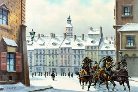 Georges Csapo (Hungary,1910-?) oil painting: ARTIST: Georges Csapo (Hungarian, 1910 - ???) TITLE: Winter Cityscape with Troika MEDIUM: oil on canvas CONDITION: Unstretched (In-House stretching available). Minor paint