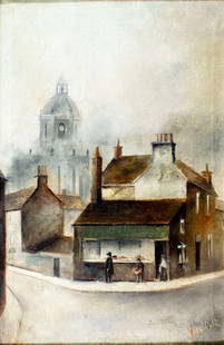 William Highfield (UK,1870-1957) oil painting antique: ARTIST: William Highfield (United Kingdom, 1870 - 1957) TITLE: Old Sheffield Cityscape, UK MEDIUM: oil on canvas CONDITION: Some scattered inpaintings. Some small damages to