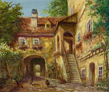 M Schony (German,1913-?) oil painting: ARTIST: M Schony (Germany, 1913 - ???) TITLE: Morbisch Town Scene, Austria MEDIUM: oil on canvas CONDITION: Unstretched (In-House stretching available). Some craquelure. N