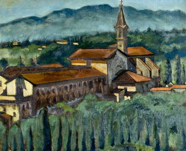 Victoria Donohoe (PA,1929-2018) oil painting: ARTIST: Victoria Donohoe (Pennsylvania, 1929 - 2018) TITLE: Mountain Village Landscape with Church MEDIUM: oil on canvas CONDITION: Few minor scratches/paint losses. No vi