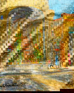 Hildegarde Hamilton (FL,VA,1898-1970) oil painting: ARTIST: Hildegarde Hume Hamilton (Florida, Virginia, 1898 - 1970) TITLE: Street Scene YEAR: 1964 MEDIUM: oil on canvas CONDITION: Missing a few flakes