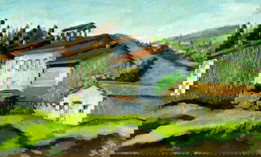 Victoria Donohoe (PA,1929-2018) oil painting: ARTIST: Victoria Donohoe (Pennsylvania, 1929 - 2018) TITLE: Town Landscape MEDIUM: oil on canvas CONDITION: Few minor scratches/paint losses. No visible inpaint under UV l
