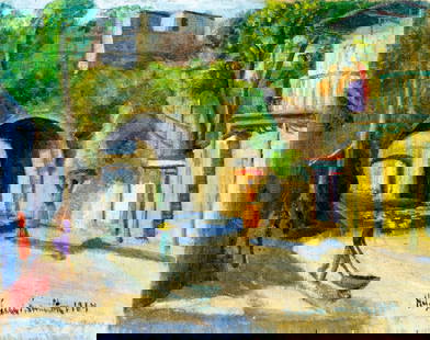 Hildegarde Hamilton (FL,VA,1898-1970) oil painting: ARTIST: Hildegarde Hume Hamilton (Florida, Virginia, 1898 - 1970) TITLE: Rue Lethiere Cityscape, Guadalupe (titled on verso) YEAR: 1964 MEDIUM: oil on canvas CO