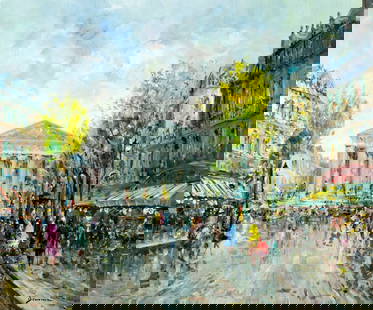Salvadore Demone (Italy,1928-?) oil painting: ARTIST: Salvadore Demone (Italian, 1928 - ???) TITLE: Paris Cityscape MEDIUM: oil on canvas CONDITION: Unstretched (In-House stretching available). Few minor paint losses.