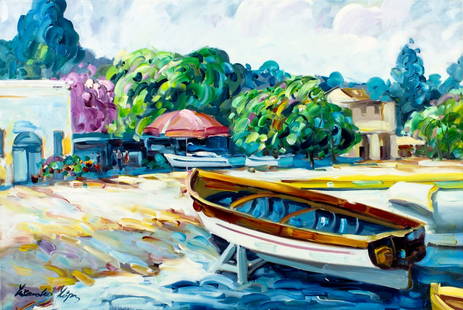 Lisandro Baylon (Argentina,US,1951-?) oil painting: ARTIST: Lisandro Lopez Baylon (Argentinian, American, 1951 - ???) TITLE: Coastal Town Scene with Boat MEDIUM: oil on canvas CONDITION: Unstretched (In-House stretching ava