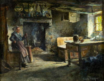Emma Cooper (NY,CA,1855-1920) oil painting antique: ARTIST: Emma Esther Lampert Cooper (New York, California, 1855 - 1920) TITLE: Peasant Woman Churning Butter MEDIUM: oil on canvas. Canvas applied to board. CONDITION: Few