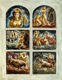 Charles Burdick (NY,MA,FL,RI,1924-2016) oil painting: ARTIST: Charles Edward Burdick (New York, Massachusetts, Florida, Rhode Island, 1924 - 2016) TITLE: Greco-Roman Mythological Scenes MEDIUM: oil on board CONDITION: Some r