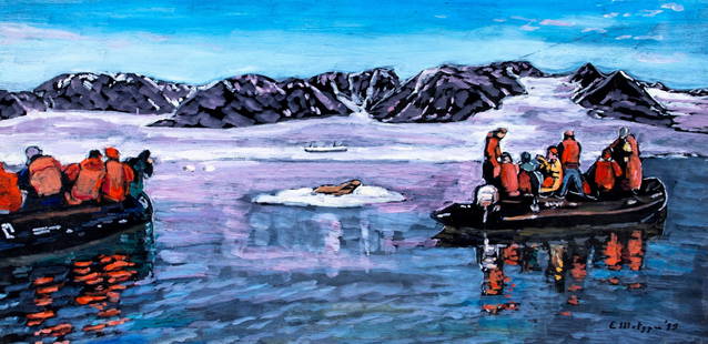 Evelyn Metzger (NY,Brazil,1911-2007) oil painting: ARTIST: Evelyn Borchard Metzger (New York, Brazilian, 1911 - 2007) TITLE: Arctic Seal and Observers (titled on verso) YEAR: 1995 MEDIUM: oil on board CONDITION:</