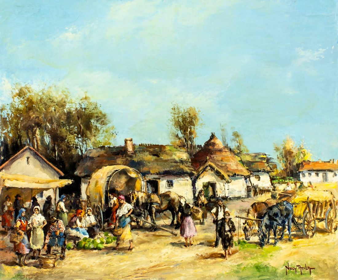 Attila Nagy (Hungary,1928-?) oil painting: ARTIST: Attila Nagy (Hungarian, 1928 - ???) TITLE: Village Market Scene MEDIUM: oil on canvas CONDITION: Unstretched (In-House stretching available). Missing a few flakes