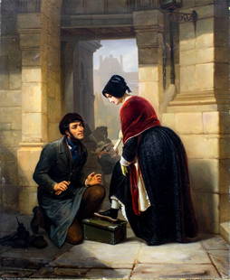 Antique 19C European oil painting signed: ARTIST: - (Europe, 19 century) TITLE: Shoe Shiner MEDIUM: oil on canvas CONDITION: Relined. Few repaired tears and punctures. Minor paint losses. Minor craquelure. Some sc