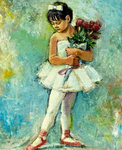 Altamura (US,mid 20C) oil painting: ARTIST: Altamura (American, mid 20 century) TITLE: Young Ballerina YEAR: 1964 MEDIUM: oil on canvas. Canvas applied to board. CONDITION: Minor damages to