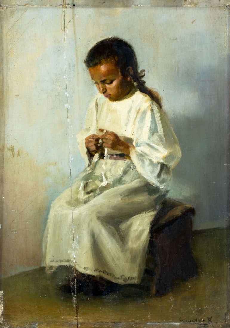 Karoly Gerster (Hungary,US,France,1859-1940) oil painting antique: ARTIST: Karoly Gerster (Hungarian, American, French, 1859 - 1940) TITLE: Girl in White Dress MEDIUM: oil on board CONDITION: Repaired vertical crack. Some scratches/paint