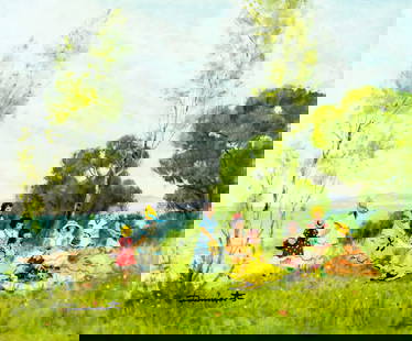 S Dumaret (France,20C) oil painting: ARTIST: S Dumaret (French, 20 century) TITLE: Ladies at Picnic MEDIUM: oil on canvas CONDITION: Unstretched (In-House stretching available). Minor craquelure. No visible inp